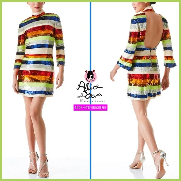 Alice + Olivia Mailynn Sequin Striped Multicolored Mini Dress - Picture 1 of 16